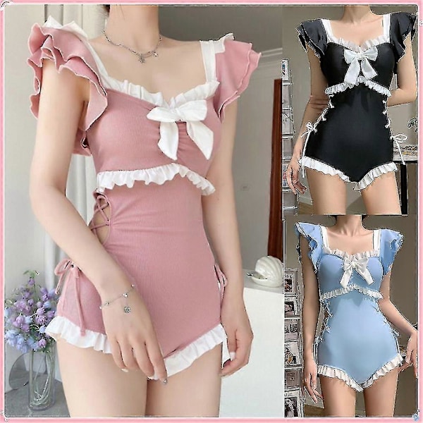 Kawaii Baddräkt Dam Bikini En-delad Monokini Sexig Push Up Ny Koreansk Mode Badkläder Flickor Vadderad Strandkläder Simning Sommar Black XL(55-60kgs)