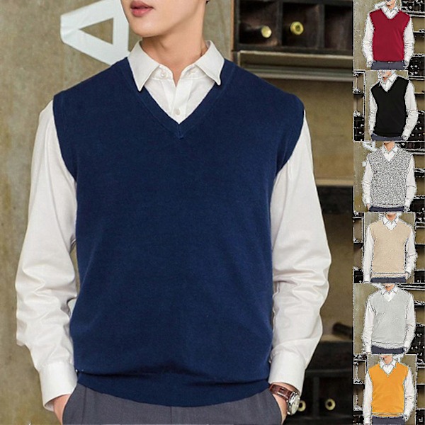 Ärmlös Lös Varm Tröjväst Herr V-ringad Pullover Västar Grey S