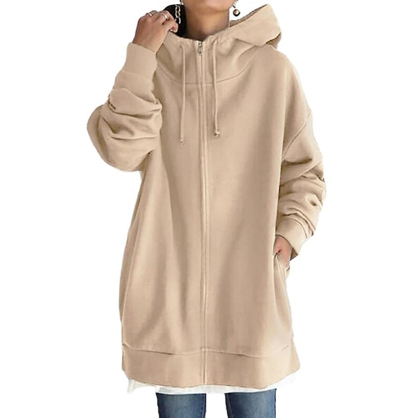 Dam Huva Full Dragkedja Kappa Casual Utomhus Höst Långärmad Jacka Med Ficka Khaki 2XL