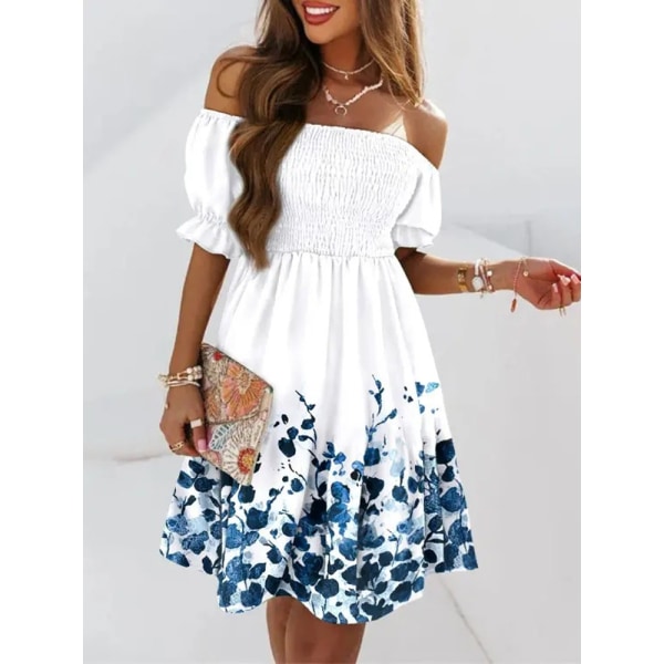 Sexig Off Shoulder Mini Klänning Dam Sommar Lös Boho Print Festklänning blue S