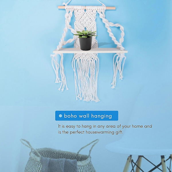 Boho Makramé Vägghylla Handgjord Vävd Toffs Gobeläng Rack Trä Flytande Förvaringshängare För
