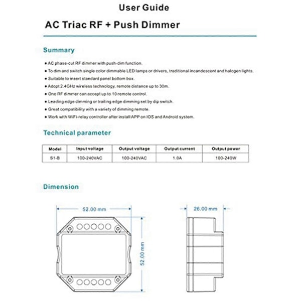 2x AC 110V - 220V S1-B LED Triac RF Himmennin Käyttää 2.4GHz Langatonta 120W-288W Push Himmennintä LED Kytkin Con