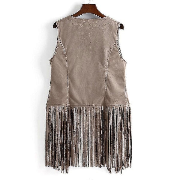 Ärmlös väst med tofsar för kvinnor 70-tal 1970-tal Hippie Faux Suede Västar Fransjacka Koftor Beige M