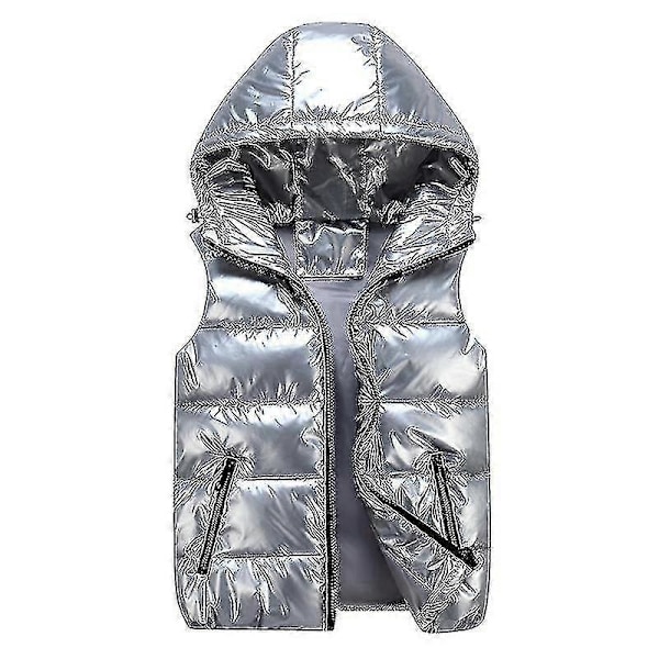 Unisex Kiiltävä Pehmustettu Liivi Hupulla Pystykauluksella Miehille ja Naisille Silver XXL
