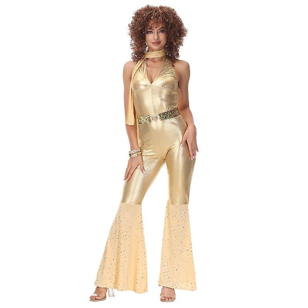 Flerfärgat par 60-tal 70-tal Hippy Disco Kostym Retro Rockabilly glänsande skjorta Cosplay Carnival Halloween Fancy Party Dress F1 M