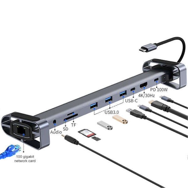 USB 3.0 -telakointiasema 10-in-1 Hub-sovitin PD Ethernetillä, kompakti muotoilu, kannettava universaali Type-C -kannettavan telakointiasema