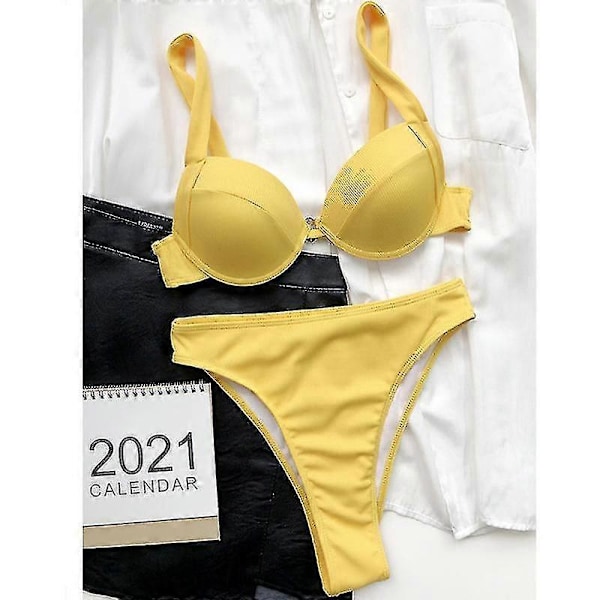 Bikinisett for kvinner med trekantbikini og cover-up, sexy strandklær, todelt badedrakt i ensfarget farge YELLOW S