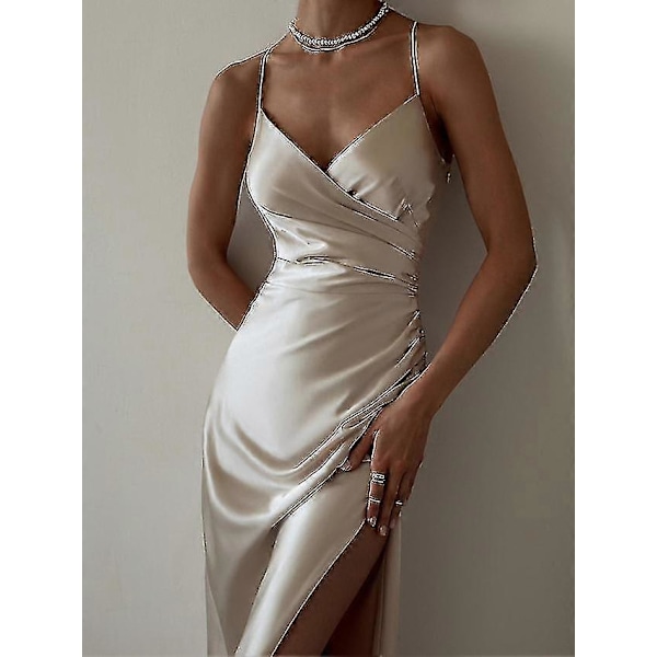 Dam Satin Klänning Midiklänning Champagne Ärmlös Enfärgad Slits Rynkad Vår Sommar V-ringad Stilren Elegant Sexig Champagne M