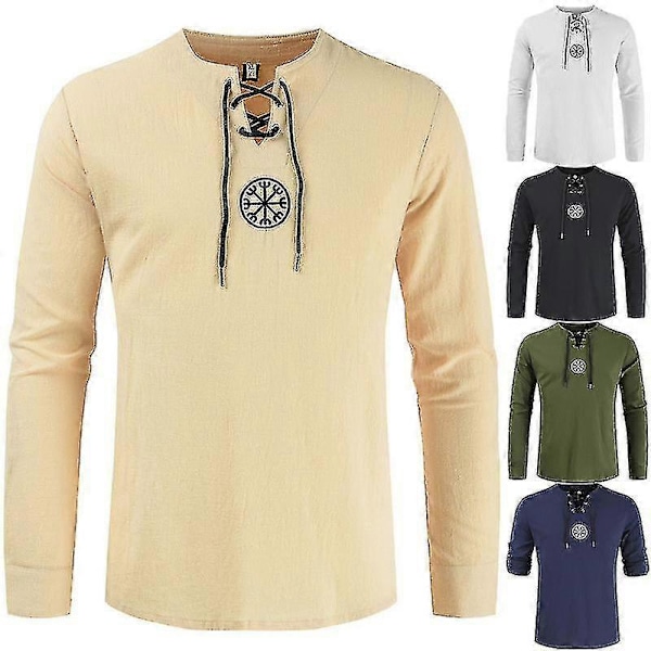 Figursyet linnedskjorte til mænd, middelalder tunika pirat udklædning Khaki 4XL