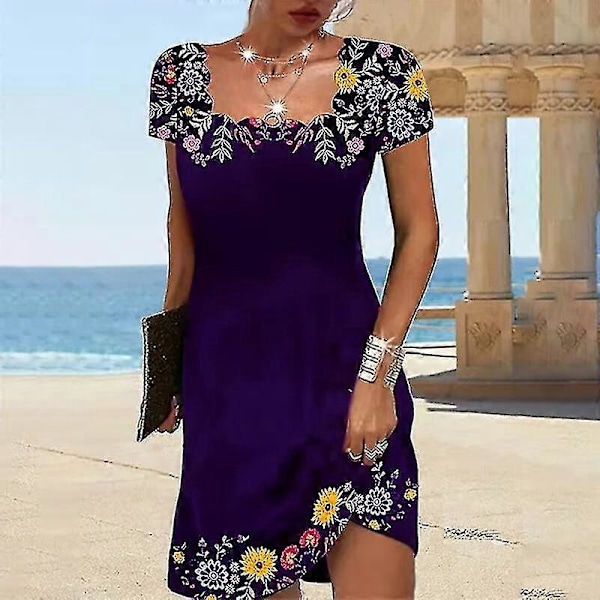 Dam A-linje Mini Klänning Kortärmad T-shirt Klänningar Casual Resor Sommar Strand Klänning Purple M