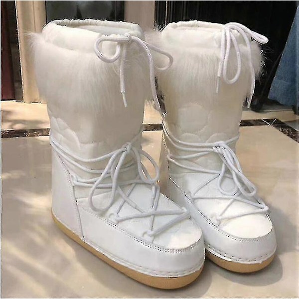 Ecelen Vinterstøvler Dame Ski Fluffy Hårede Snørebånd Midt Læg Platform Flad Med Hvide Skistøvler Ch12 7-8Y Tag-140 Rapunzel Sets 01