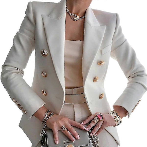 Dame Dobbeltradet Blazer Jakke Langærmet Revers Frakke Efterår Afslappet Slim Fit Jakke Overtøj White 3XL