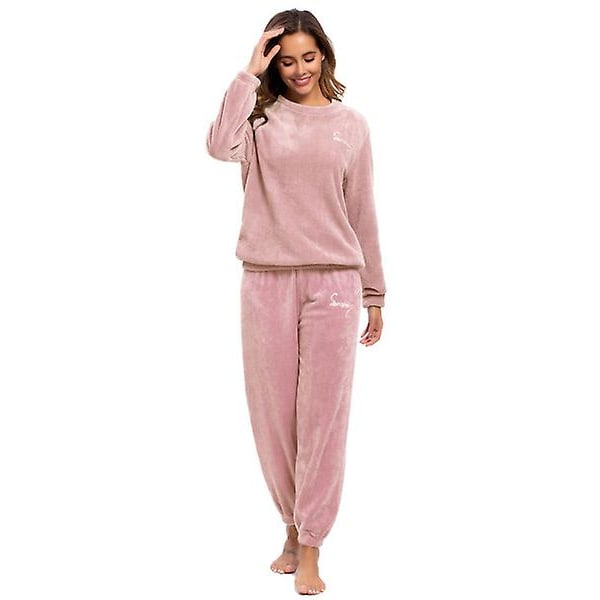 Winter Warm Pyjamas Plus Fleece Top Byxor Rund Neck Mjuk Pyjamas Set PINK L