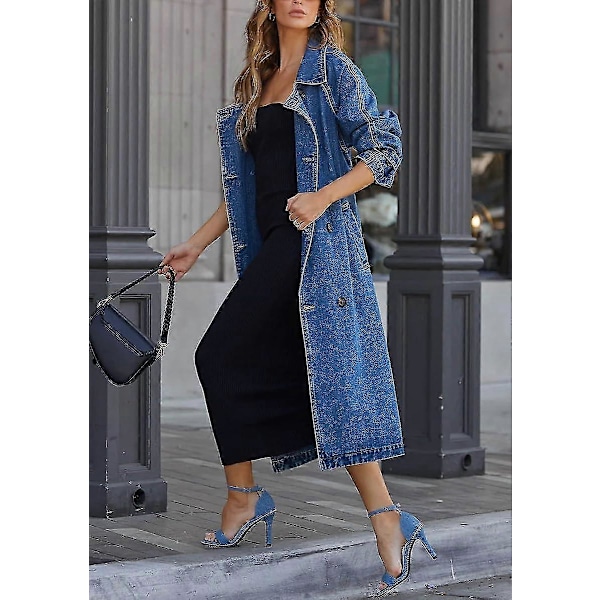 Naisten Vintage Midi Pitkä Farkkutakki, Väljä Malli, Kaksirivinen Denim-trenssi Vyöllä Denim Blue XX-Large