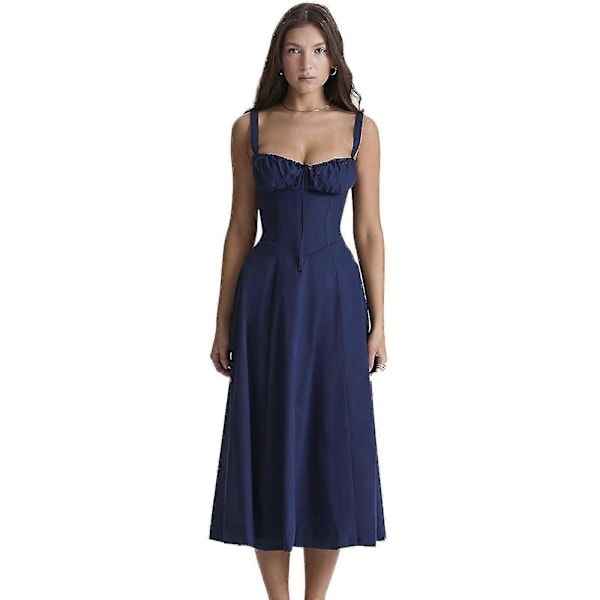 Naisten kesän kukkakuvioinen selästä avoin maksimekko, seksikäs hihaton matalaleikkausmekko vartalonmyötäinen spagettiolkaiminen pitkä mekko, 40% alennus Navy blue M