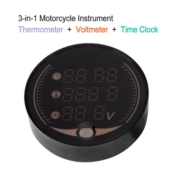 3-i-1 Motorcykel Elektronisk Digital Termometer Voltmeter Ur Temperaturmåler
