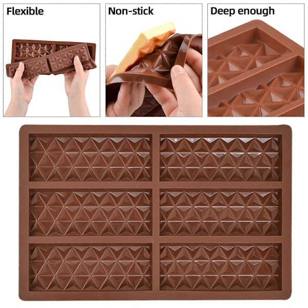 6 Hulrum Chokoladeform Rektangulær Silikone Candy Bar Form Non-Stick Vafler Cheesecake Budding Kage Dessert Form