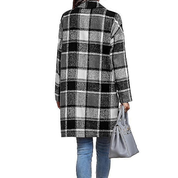Dame Plaid Jakke Mellemlang Trenchcoat Efterår Uld Frakke Black S