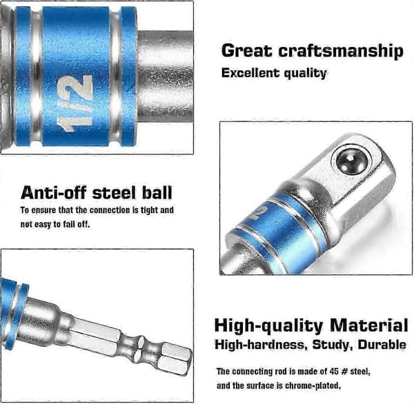 Socket Adapter til Elværktøj, 3 Hex Socket Adaptere 1/4\" 3/8\" 1/2\" Tilslutningshovedforlænger med Tape