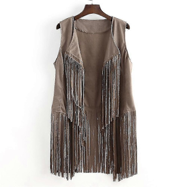Dame Tassel Ærmeløs Vest 70'er 1970'er Hippie Faux Suede Veste Fringe Jakke Cardigans Beige M