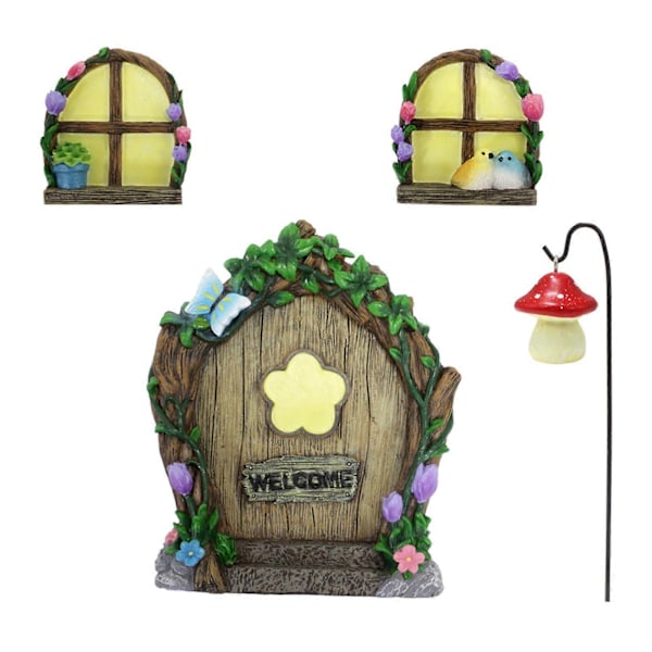 1 Set Trä Hänge Miniatyr Fé Fönster Och Dörr Set Självlysande Träd Ornament för Utomhus Trädgårdsdekoration