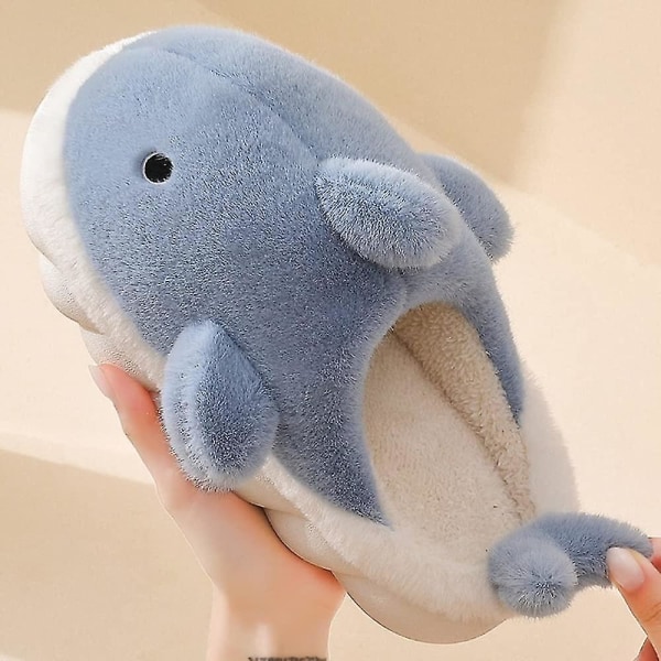 Bløde Plys Hvalhaj Fuzzy Hjemmesko 4 cm Høje Såler Til Kvinder Mænd, Vinter Kunstpels Søde Dyr Par Matchende Hjemmesko Blue EUR44-45