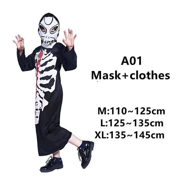Cosplay Maskerad Fest Halloween Kostym Eva Skeleton Mask Mänskligt skelett Spöke Kläder Barn Terror Kostym A01 L