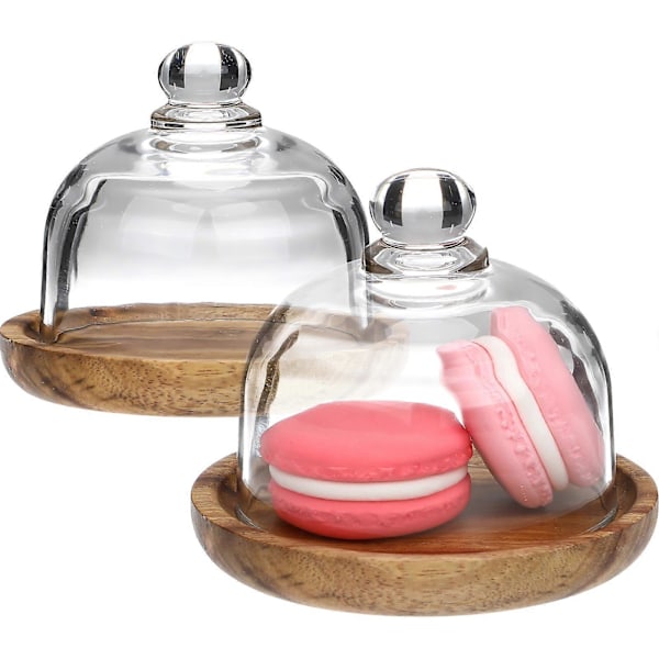 2 Sæt Kagefade med Kupler Træ Dessert Cupcake Fade med Glaslåg Kagefade Serveringsfade med Kuplåg