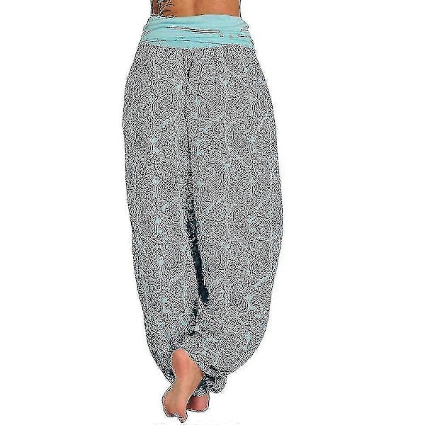 Bohemiska Haremsbyxor för Kvinnor med Paiey-tryck, Gypsy Ali Baba Yoga Palazzo, Lösa Hippiebyxor, Bloomers med Smockresår i Midjan Sky Blue L