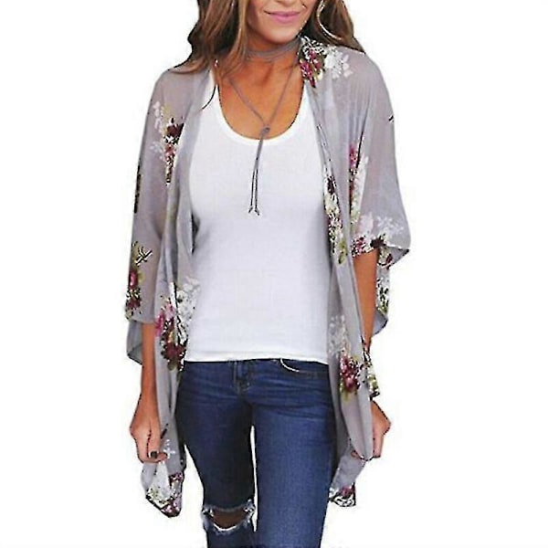 Kvinnlig Blommig Kimono Cardigan Toppar Sjal Överdrag Jacka Grey 2XL