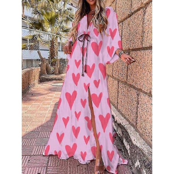 Sommar Maxi Klänning För Kvinnor Boho Tryck Bikini Överdrag Strandklänning Sexig Blommig Tunika Lång Klänning Baddräkt Vestido Feminino pink heart XXL