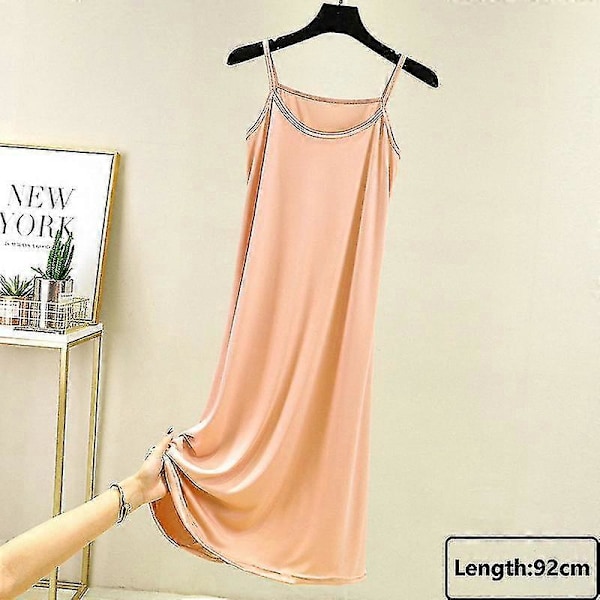 Sömlös hel underklänning under klänning dam sommar plus size ärmlös is silke underkjol underkjol sexig smal axelband nattlinne_h Beige-92cm XL Weight(65-80kg)