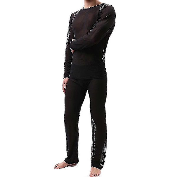 Herr Mesh Genomskinlig Pyjamas Set Sexig Topp + Byxor Underkläder Erotiska Nattkläder Black M