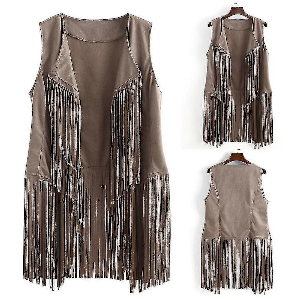 Ärmlös väst med tofsar för kvinnor 70-tal 1970-tal Hippie Faux Suede Västar Fransjacka Koftor Beige 2XL