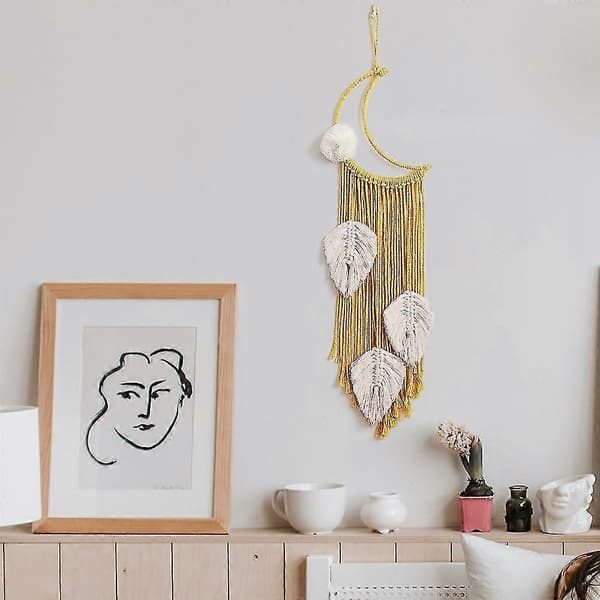3-pack Boho Måne Makramé Väggbonad Löv Vävd Tapet Drömfångare, Bohemisk Chic Hemvägg