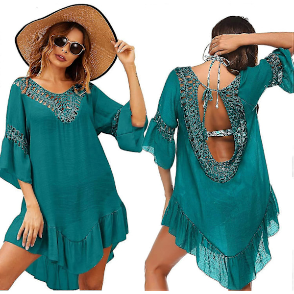 Badedragt Cover Up Dame Badedragt Kjole Plus Size Sexet Bikini Strand Tunika Top Sommer A a darkcyan M