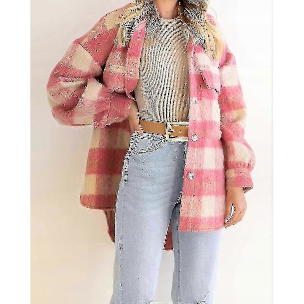 Vinter Ullkappa Casual Rutig Flanell Shacket Jacka Överdimensionerad Knapp Ned Långärmad Höst Skjorta Jacka Kappa Toppar Jacka Kvinnor PINK XXL