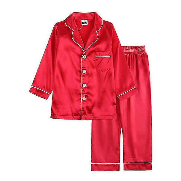 Barn Småbarn Baby Flicka Pojke Satin Pyjamas Set Lång Kort Ärm Knäppning Pyjamasskjorta Topp+byxor Underdelar Sovkläder Outfits Red 10-11 Years