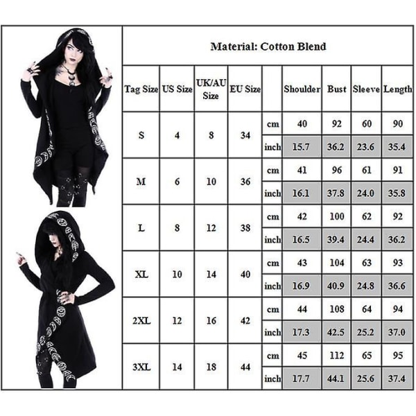 Kvinnor Gothic Snygg Punk Hooded Loose Jacka Ytterkläder Långärmad öppen främre kappa Halloween L