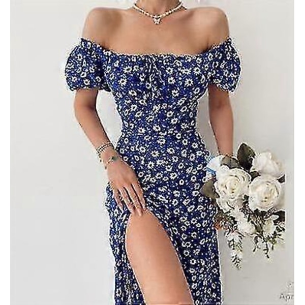 Elegant sød blomsterprint kjole til kvinder sommerkjoler stropløs kort pufærme slank søm slids maxikjole Blue M