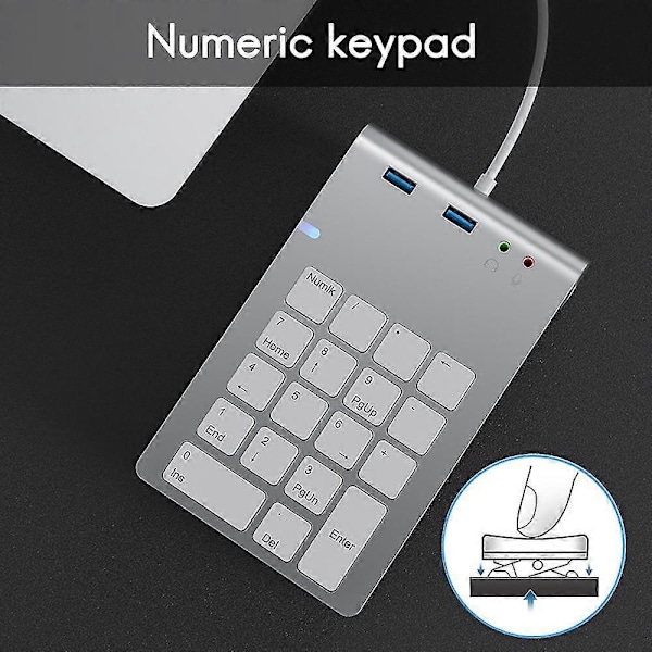 USB Numerisk Tastatur med USB3.0+3.5mm Audio Interface Hub Multifunktionel Regnskabs Finansiel Lommeregner