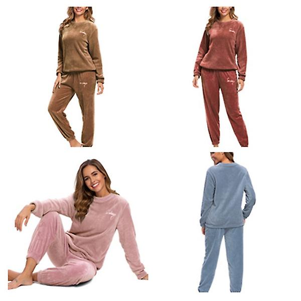 Winter Warm Pyjamas Plus Fleece Top Byxor Rund Neck Mjuk Pyjamas Set Brown S