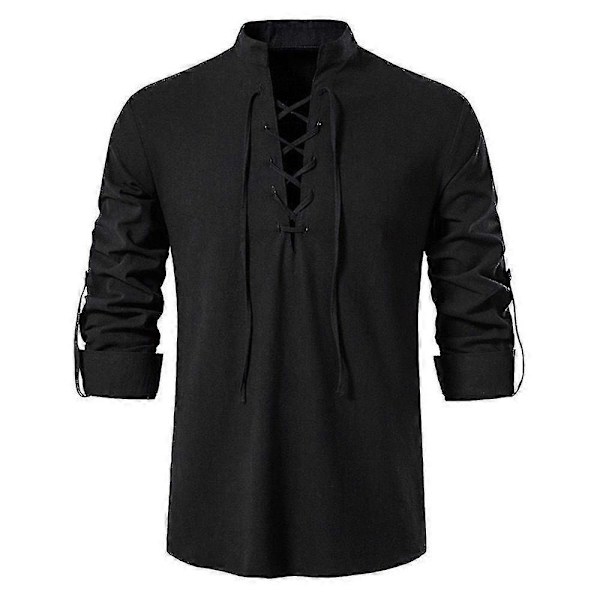 Herr Retro Stil Snörning Skjortor Toppar För Medeltida, Renässans, Vikinga Pirat, Hippie Black XL