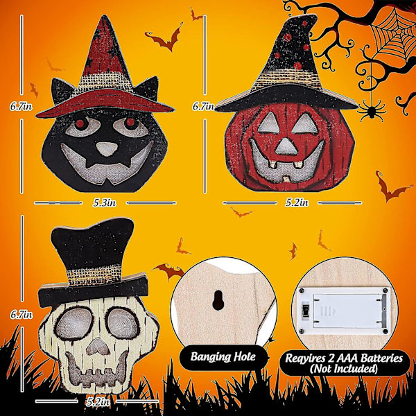 3 stk. Halloween Gresskarlykt Tre Jack-o'-lantern Halloween Dekorativt Gresskar Hodeskalle Svart Katt Lys For Innendørs Utendørs Peishylle Dekor S