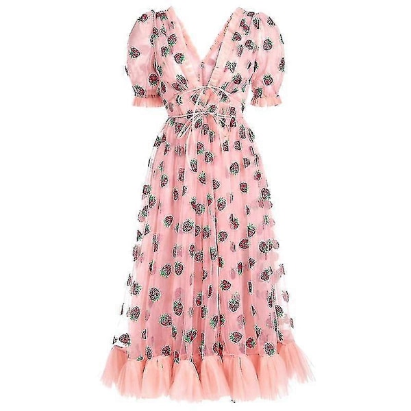 Dame Mode Jordbær Print Dyb V Kortærmet Mesh Cocktail Party Kjole Black XL
