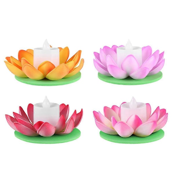 4 stk. 11,5 cm LED Lys Lotuslykt Fargerik Vannlilje Ønskelys Bassengdekor for Festivalfest (Lilla+Oransje+Rosa+Rød)
