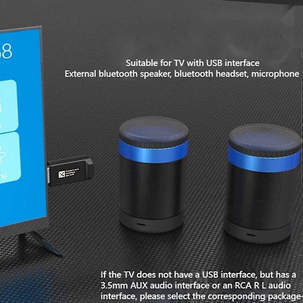 USB Bluetooth 5.2 Ljudsändare, omkopplingsbar Aptx Adptive, stöd för 1 till 2, drivrutinsfri, med 3,5 mm A
