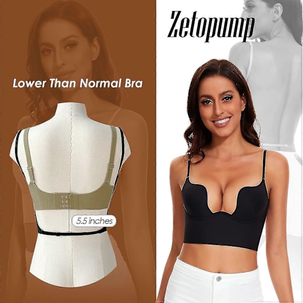 Låg Rygg BH för Kvinnor - Sömlös Djup U Urringning Rygglös BH Konvertibel Multiway Låg Skärning Öppen Rygg BH Halter BH Black 34DD