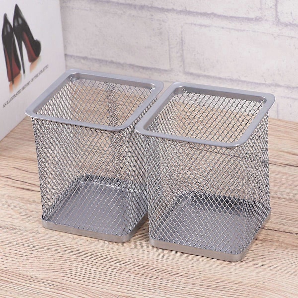 2 stk. Metal Penneholder Firkantet Mesh Blyantholder Container Organizer (Sølv)