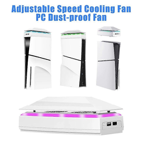 Pelikonsolin RGB-jäähdytystuuletin pölysuojalla, säädettävä nopeus, 2 USB-porttia, värikäs LED-valo, yhteensopiva PS5 Slimin kanssa